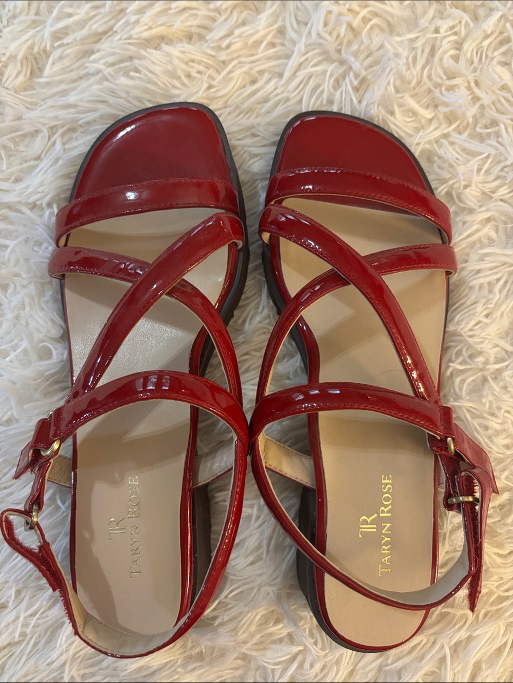 Taryn Rose Red Patent Crisscross Ankle-Strap Sandals